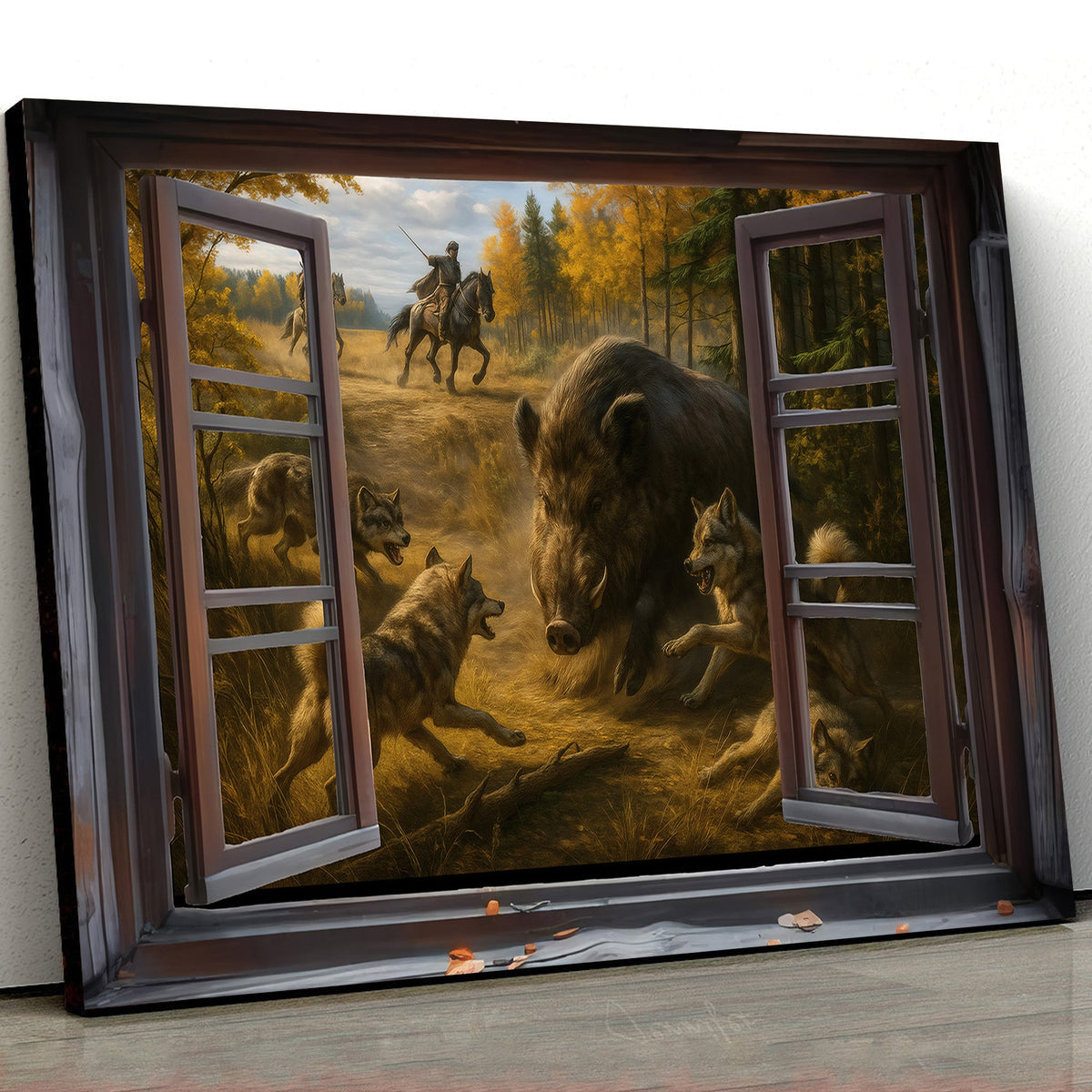 Epic Wild Boar Hunting Scene Wall Art - Wolves & Hunters 3D Canvas for Cabin & Lodge Decor