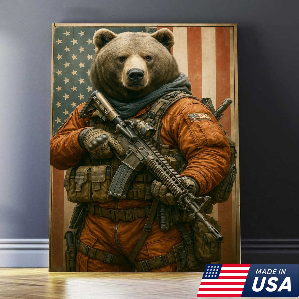 Patriotic Bear Soldier Wall Art Canvas, Tactical Military Animal with American Flag