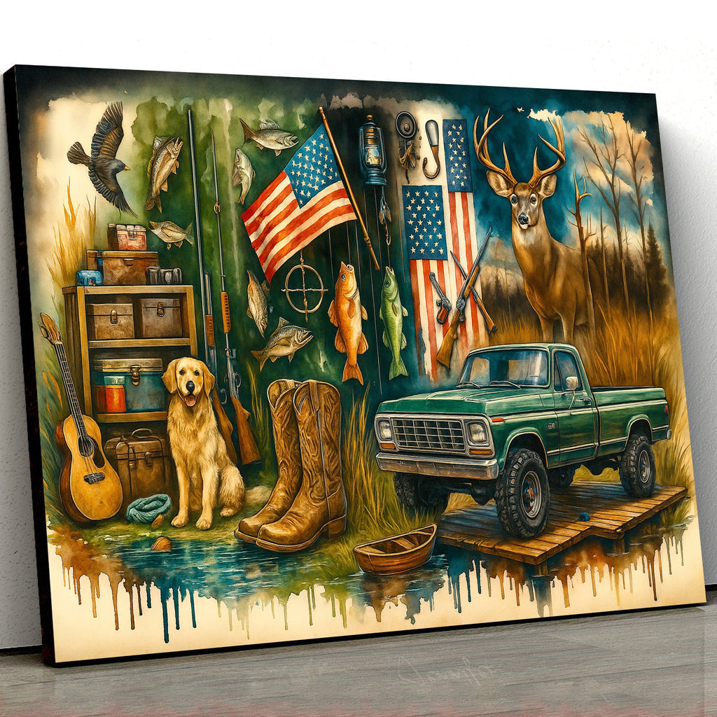 Country Boy Canvas Wall Art, Rustic Hunting and Fishing Scene with Truck, Dog, Deer, and American Flag