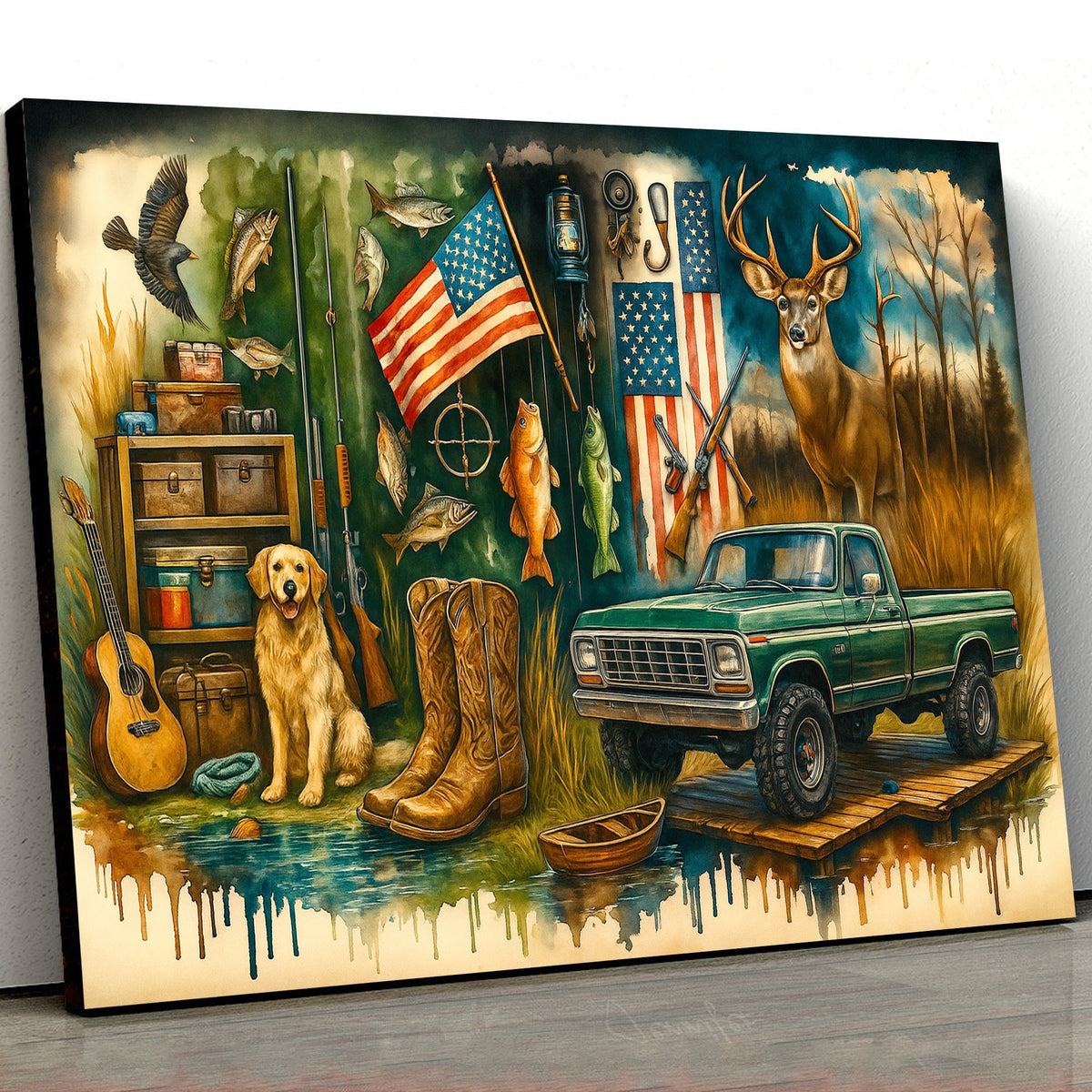 Country Boy Canvas Wall Art, Rustic Hunting and Fishing Scene with Truck, Dog, Deer, and American Flag