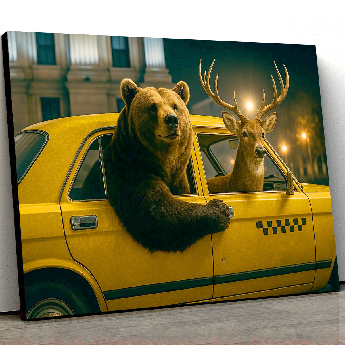 Bear & Deer Riding Yellow Taxi Canvas Wall Art, Funny Wildlife Driving Picture for Game Room & Cabin