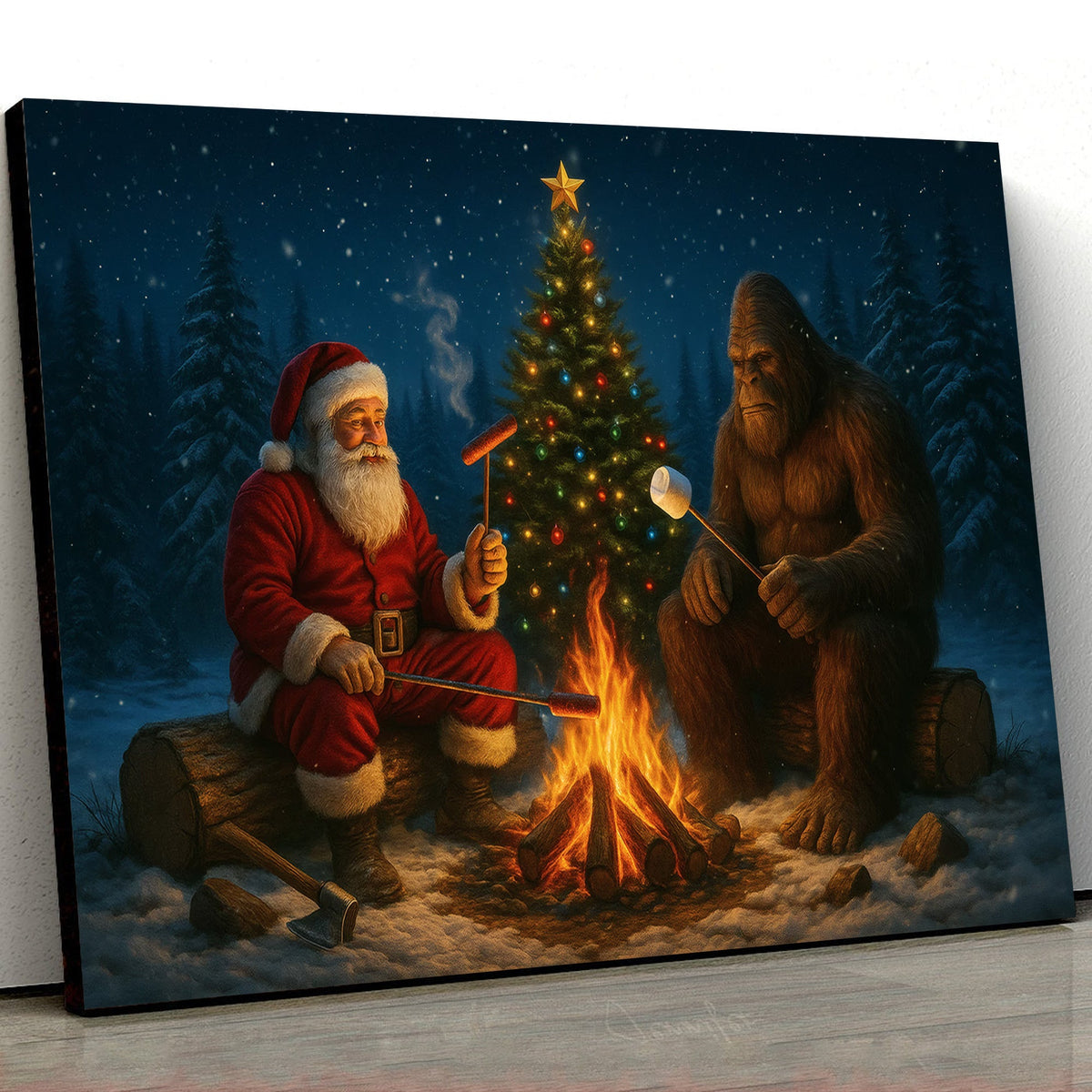 Santa & Bigfoot Sasquatch Campfire Christmas Canvas Wall Art, Funny Winter Forest Scene