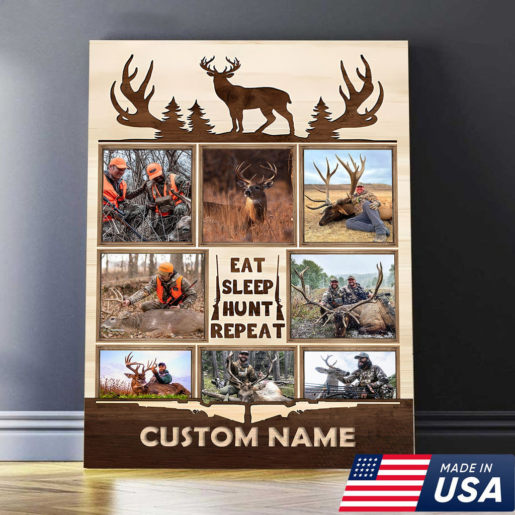 Personalized Hunting Photo Collage Canvas, Deer Antler Wall Art, Custom Hunter Gift