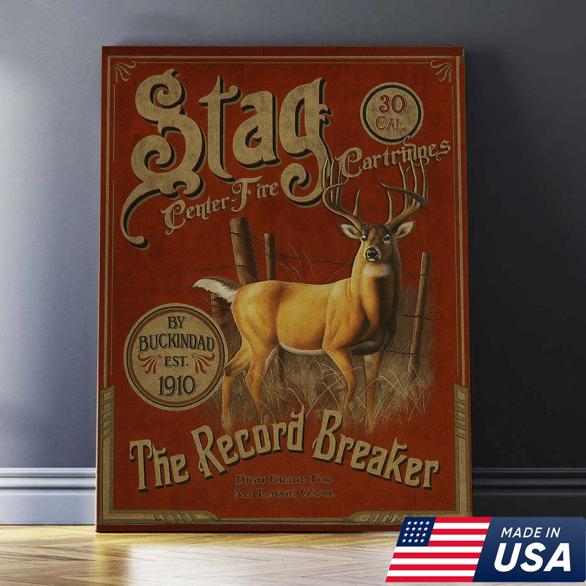 Vintage Stag Hunting Sign Canvas – “The Record Breaker” Deer Canvas Wall Art, Rustic Lodge Cabin Decor