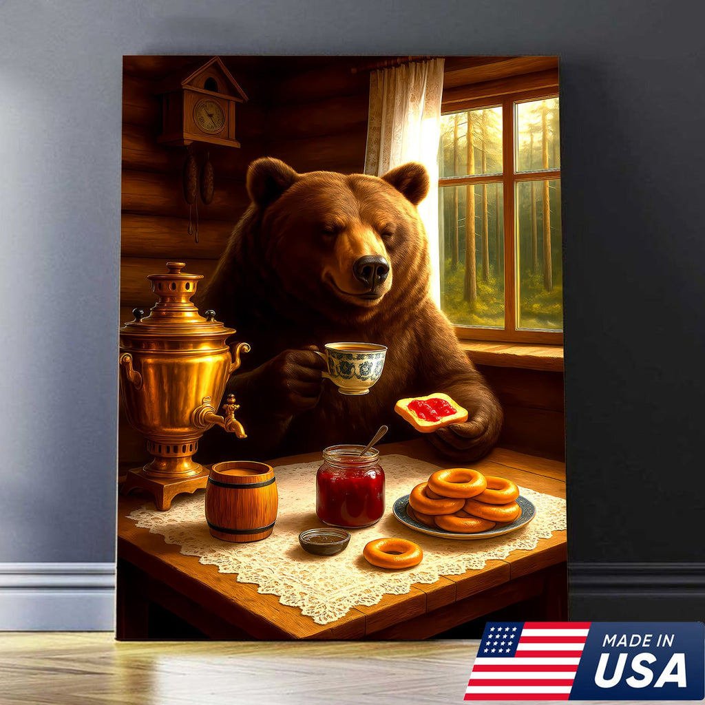 Relaxed Bear Having Tea Canvas Wall Art – Rustic Decor Funny Cozy Animal Canvas Art