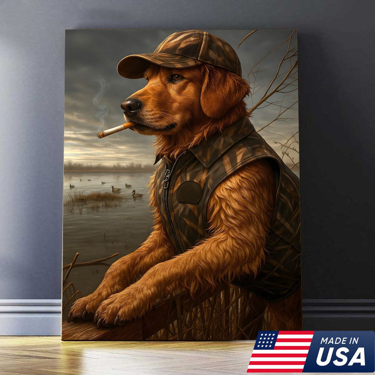 Golden Retriever Hunting Dog Canvas Wall Art, Duck Hunter Lab in Camo Vest