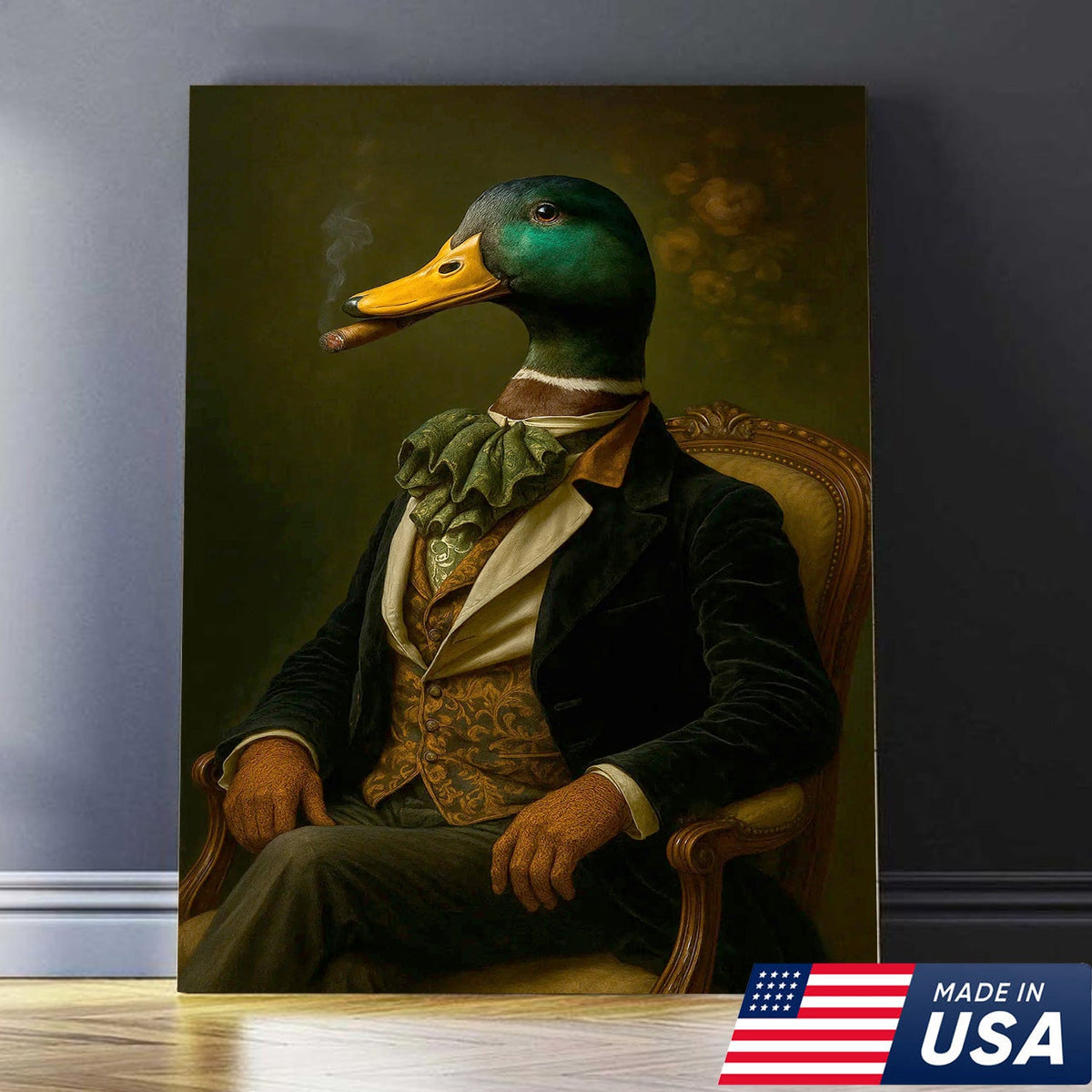 Vintage Duck Gentleman Portrait Canvas Wall Art, Regal Mallard in Suit Victorian Style Painting