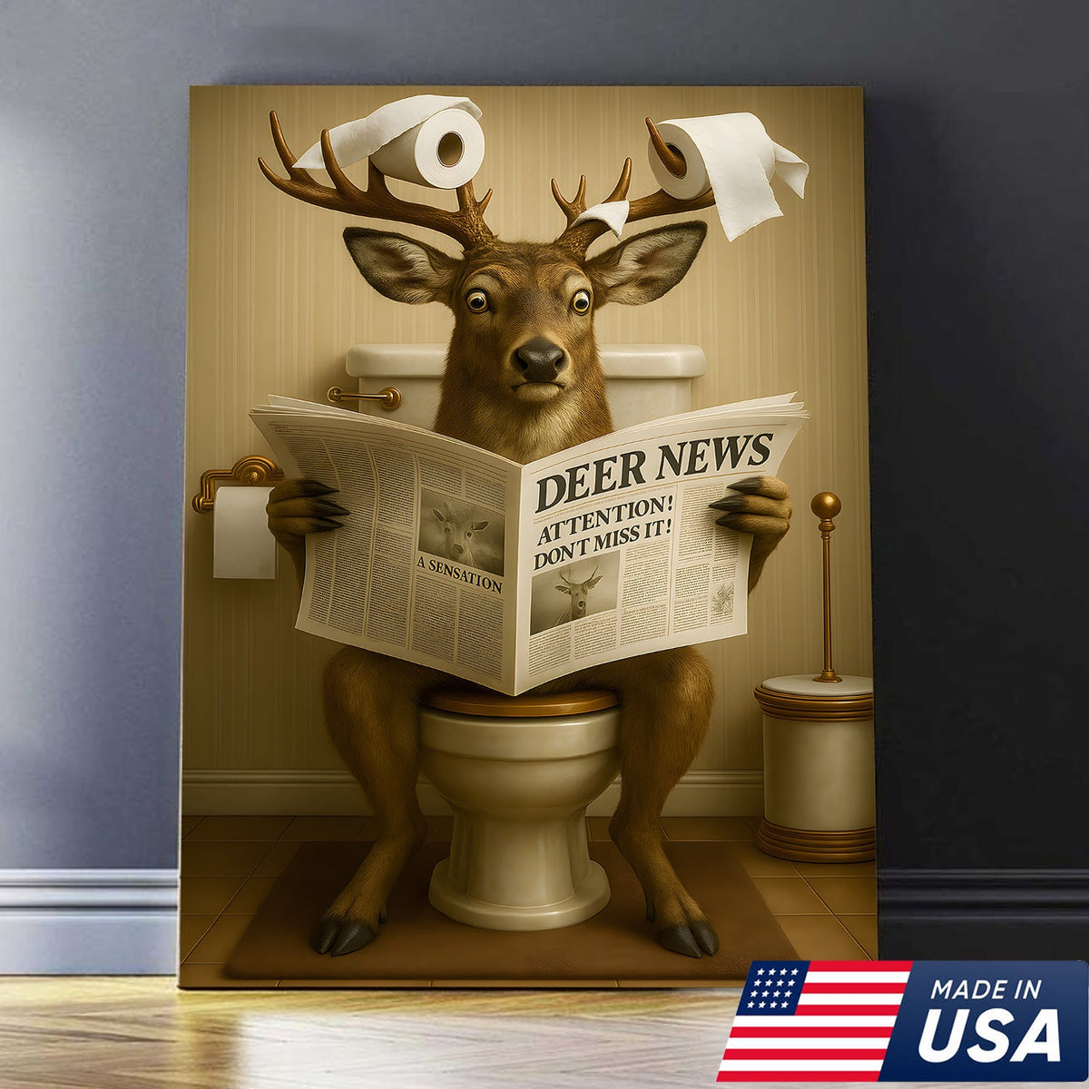 Funny Deer Bathroom Canvas – “Deer News” Toilet Wall Art for Hunters, Cabin, or Man Cave Decor