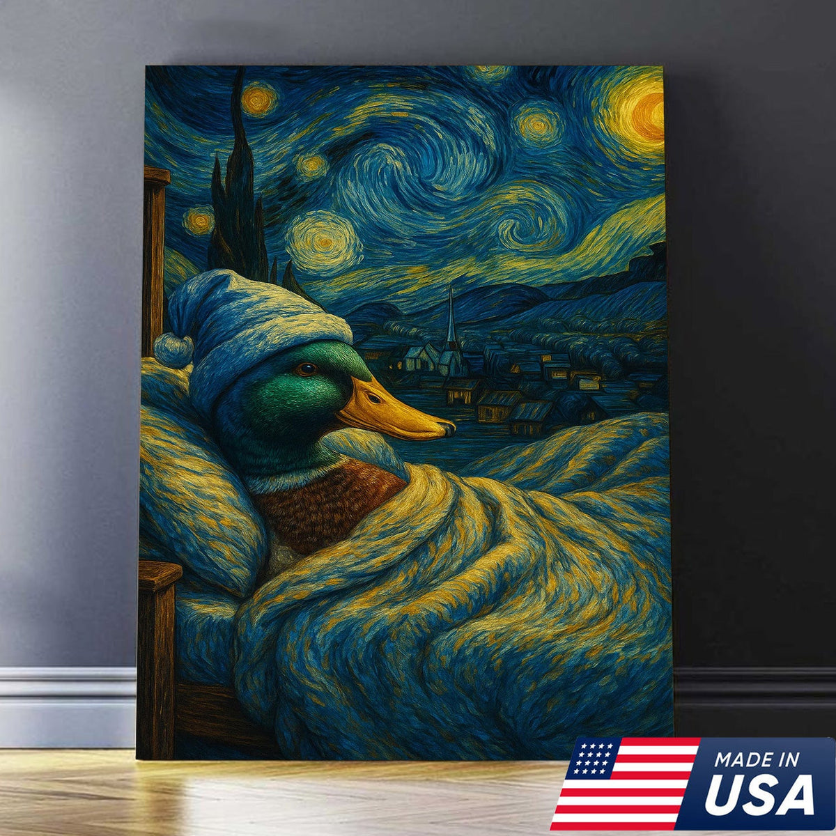 Starry Night Duck Canvas – Funny Van Gogh Parody with Cozy Duck in Bed