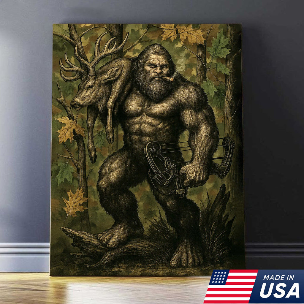 Bigfoot Hunter Canvas Wall Art, Mythical Sasquatch Bowhunting Deer Artwork