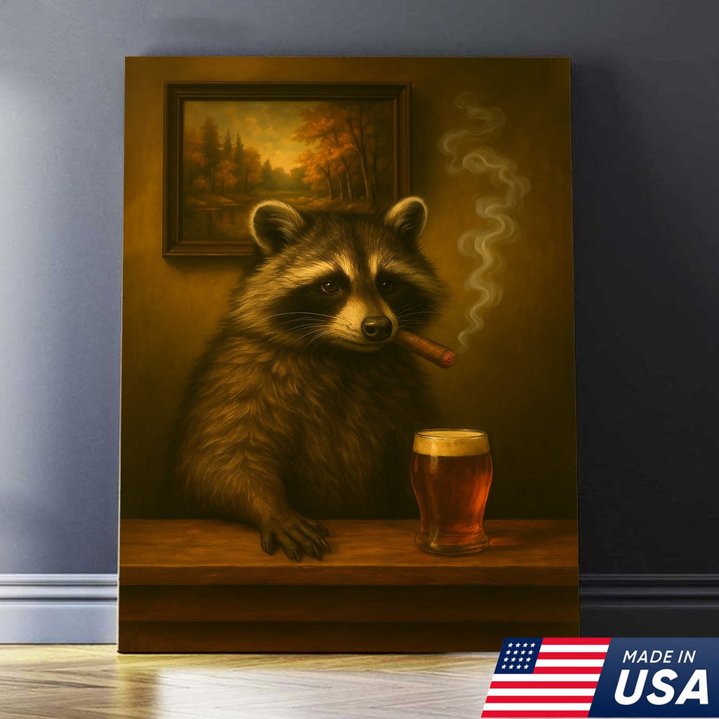 Funny Raccoon Bar Canvas Wall Art – Rustic Lodge Man Cave Décor with Beer & Smoking Humor