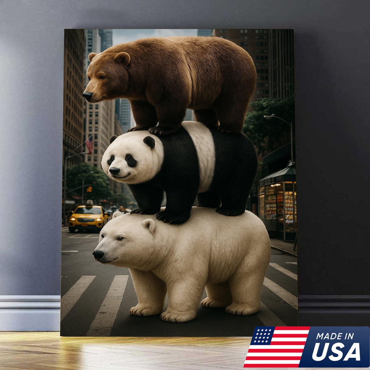 Bear Stack Canvas Wall Art, Cute Polar Panda Brown Bear in City Street Print