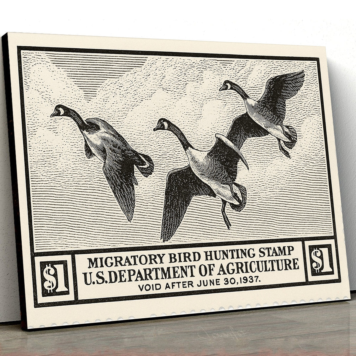 Vintage Migratory Goose Hunting Stamp Wall Art – Retro Duck Print Canvas for Hunters & Cabin Decor