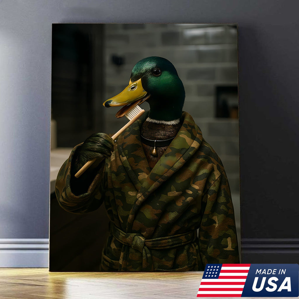 Funny Duck Brushing Teeth Canvas – Bathroom Wall Art for Men, Morning Routine Humor Decor
