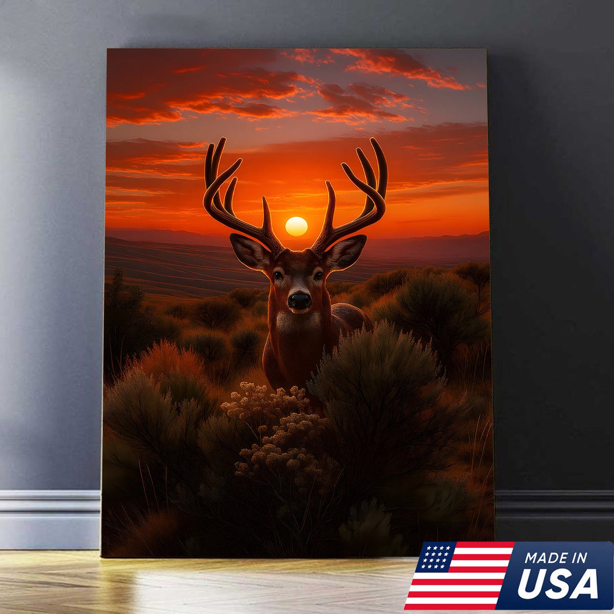Deer Sunset Canvas Wall Art, Majestic Buck Silhouette in Orange Sky