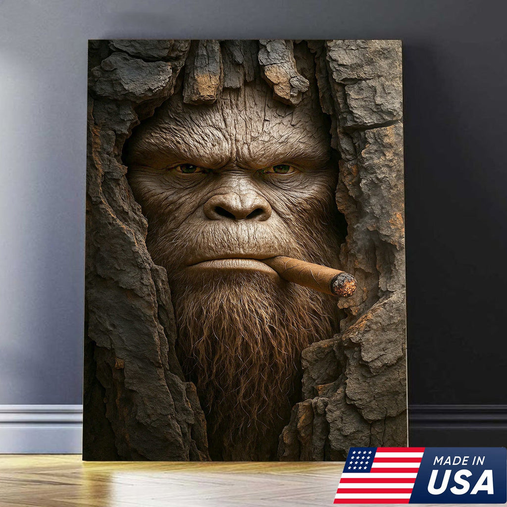 Bigfoot in the Woods Canvas Wall Art, Funny Sasquatch Portrait Artwork, Rustic Cabin Decor for Men