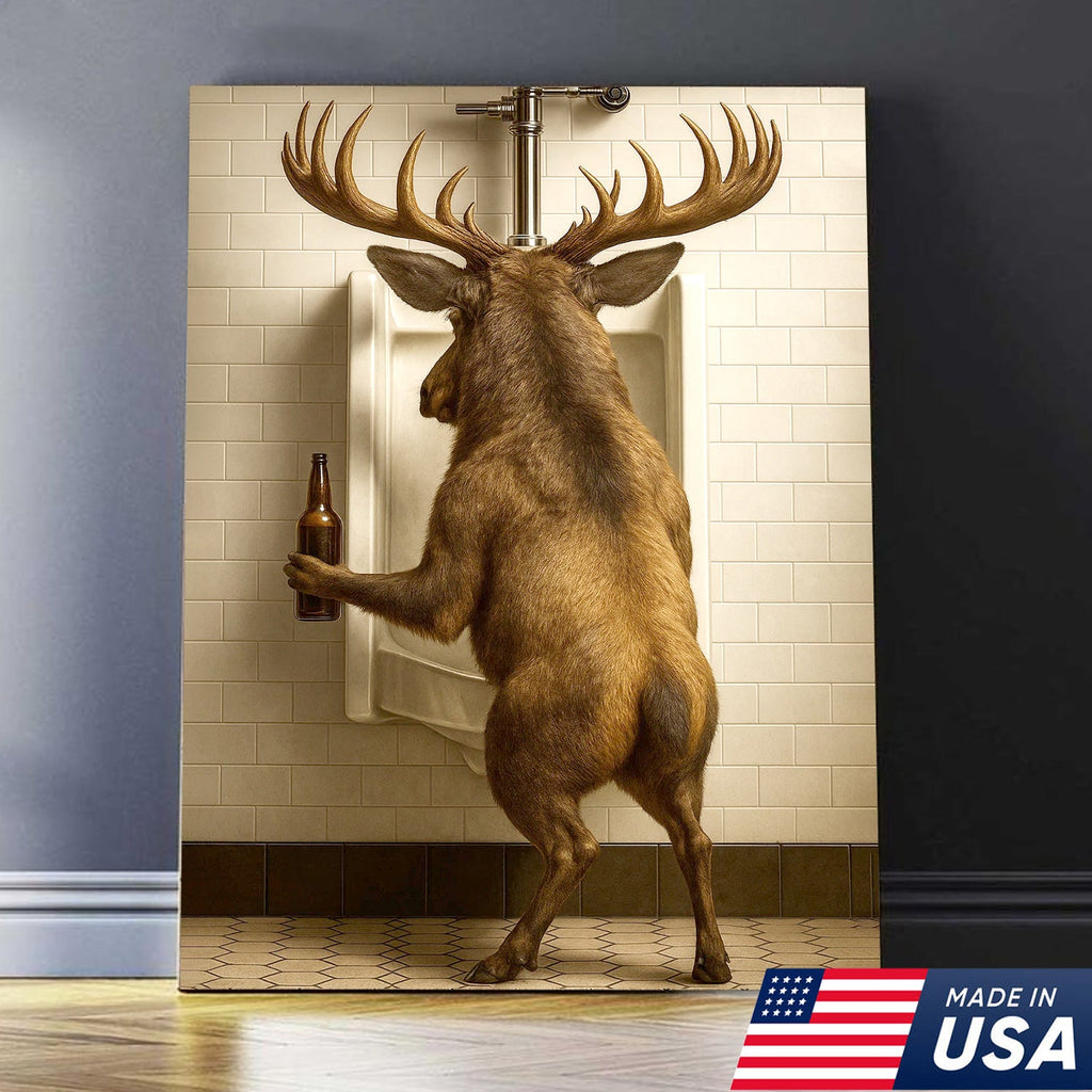 Funny Elk Canvas Wall Art - Rustic Bathroom Lodge Decor for Hunters - Unique Wildlife Cabin Print