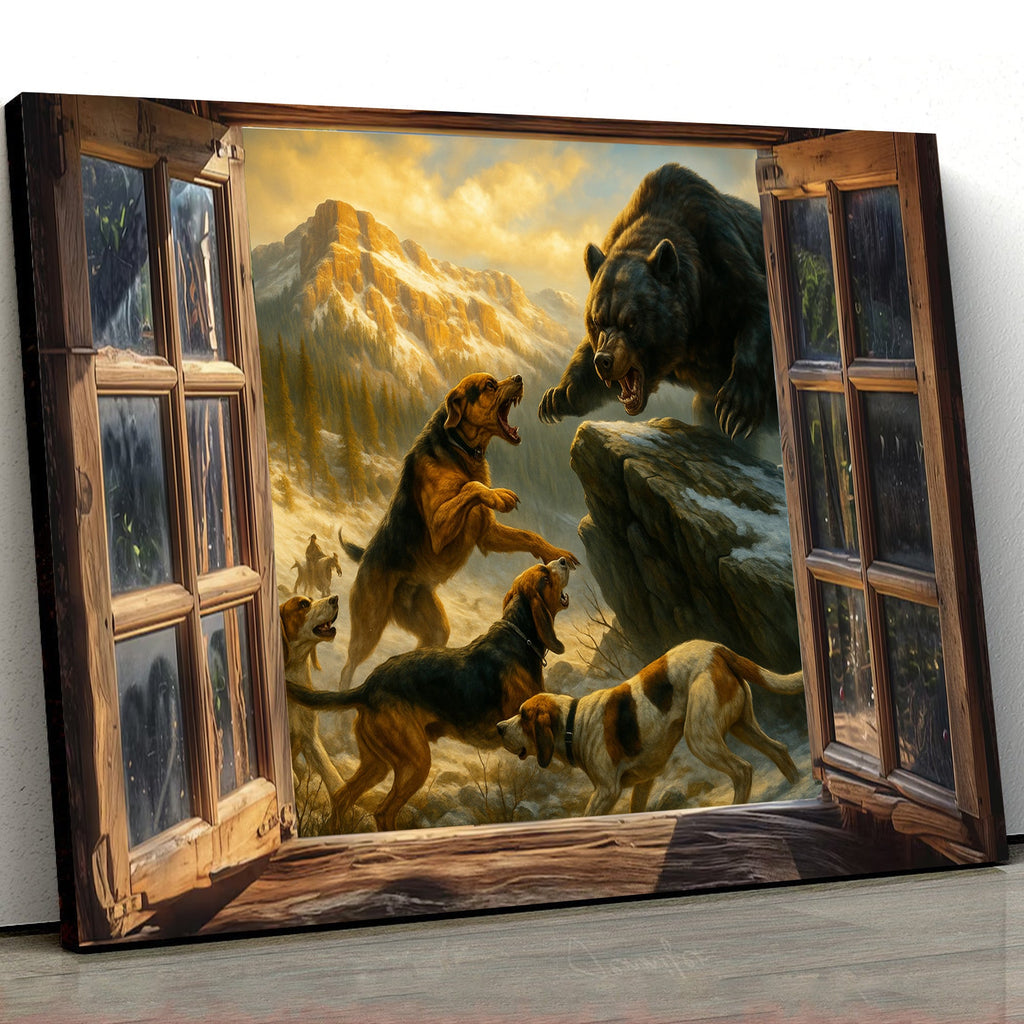 Epic Bear vs Hunting Dogs Wall Art Canvas – Western Mountain Wildlife Battle Painting for Hunters’ Cabin