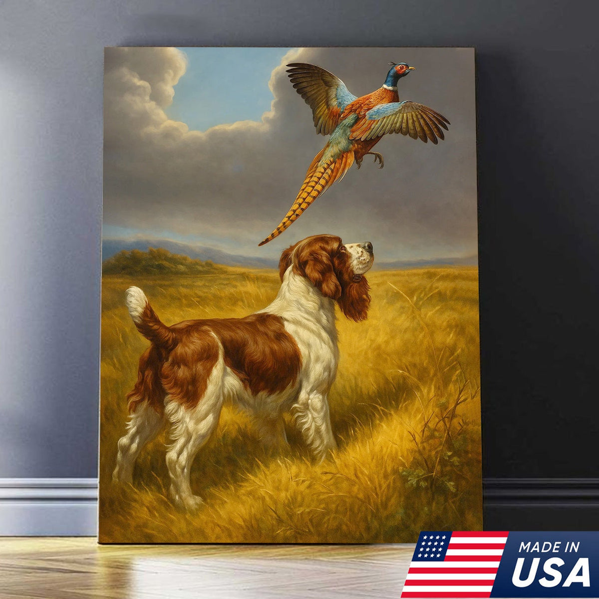 Hunting Dog and Pheasant Canvas Wall Art – Rustic Wildlife Scene – Lodge and Cabin Decor