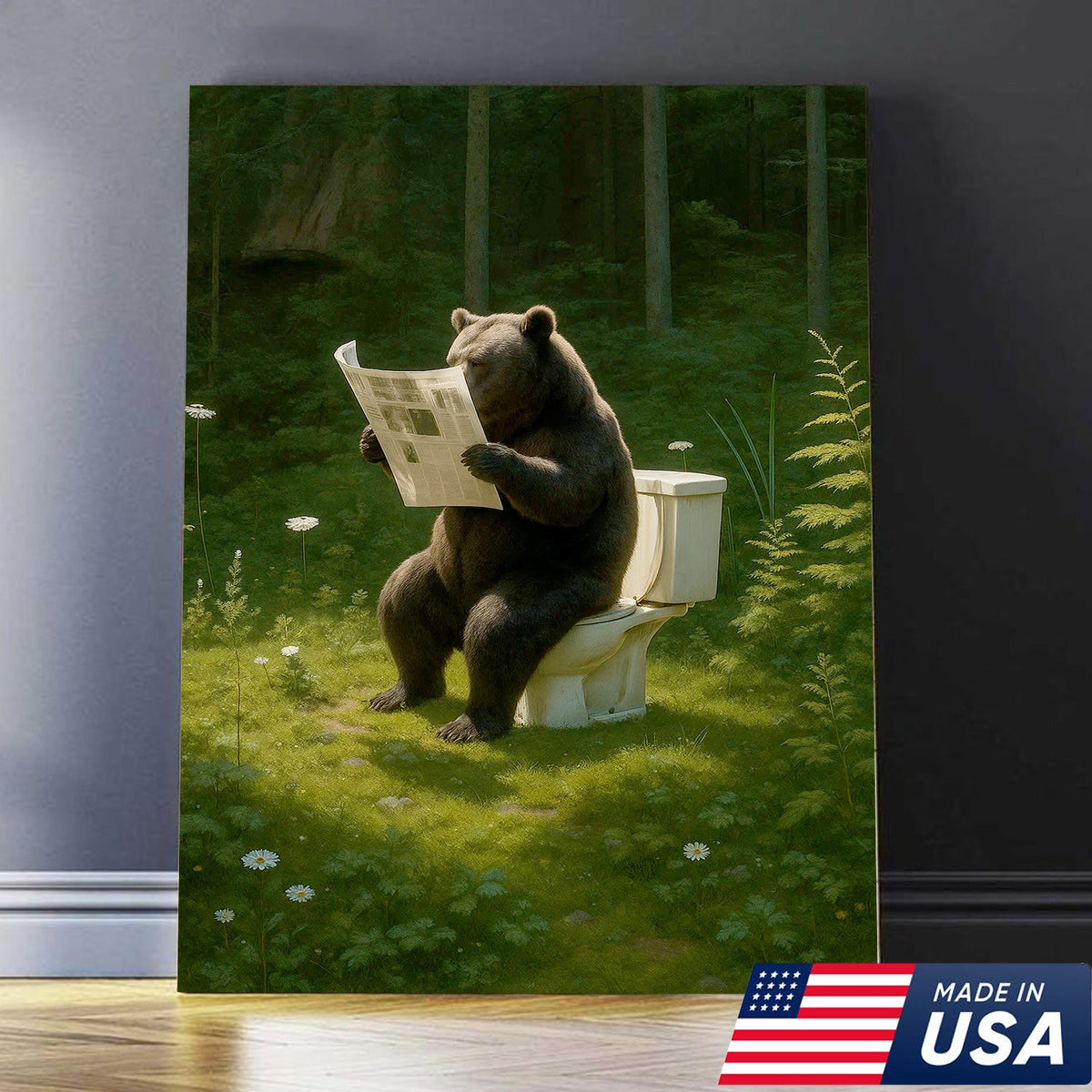Bear on Toilet Reading Newspaper Canvas Wall Art, Funny Bathroom Decor for Cabin & Lodge
