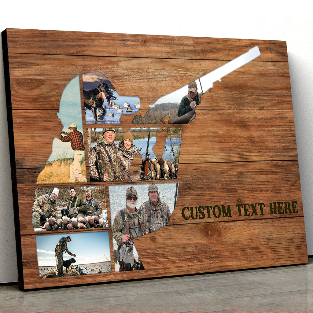 Custom Photo Hunting Collage Canvas, Hunter Silhouette on Rustic Wood, Personalized Camo Gift Wall Art