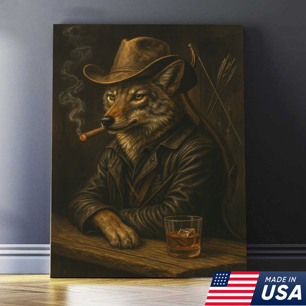 Coyote Cowboy Bar & Whiskey Canvas – Great Hunting Gift for Hunters & Rustic Western Decor
