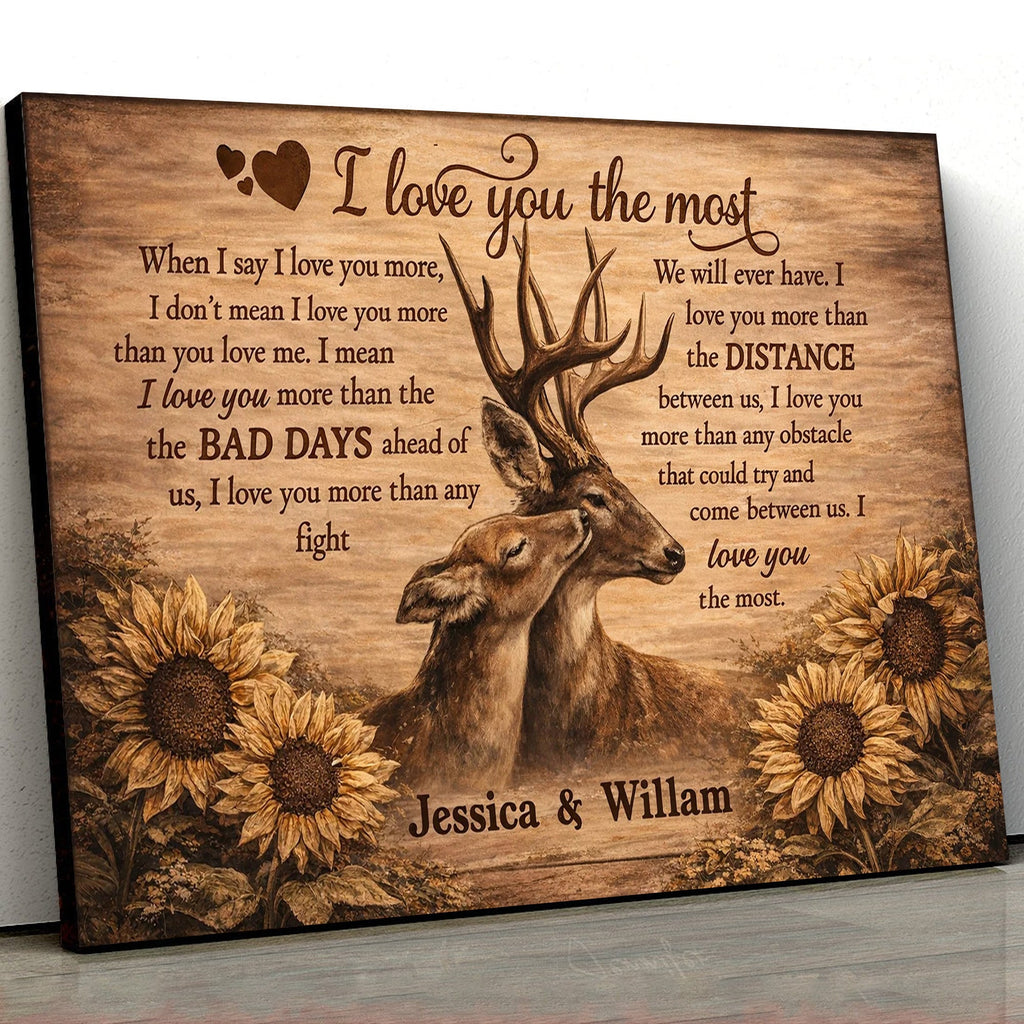 Personalized I Love You the Most Deer Canvas Wall Art, Custom Couple Love Quote Artwork
