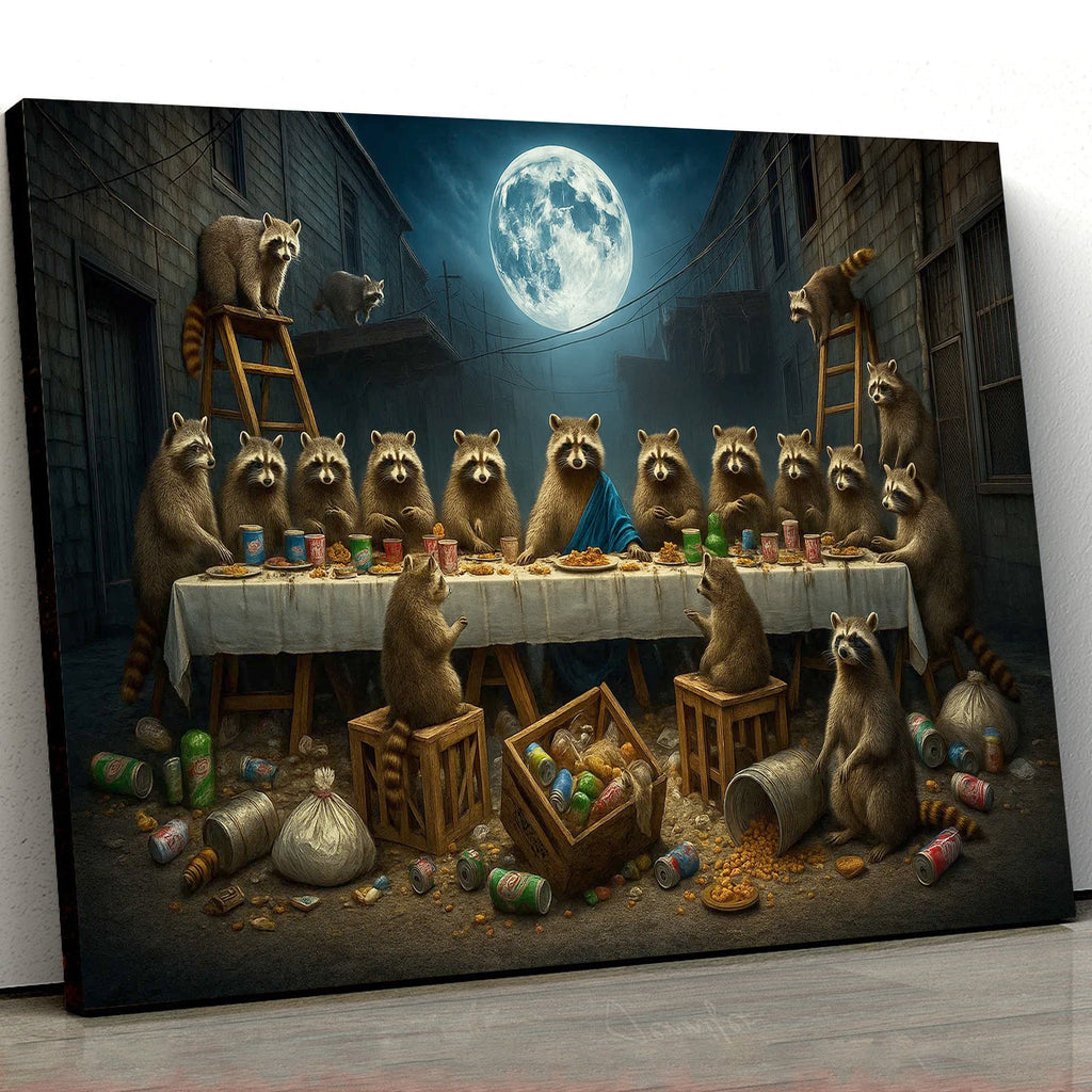 Raccoon Last Supper Canvas Art – Funny Moonlit Trash Raccoon Feast