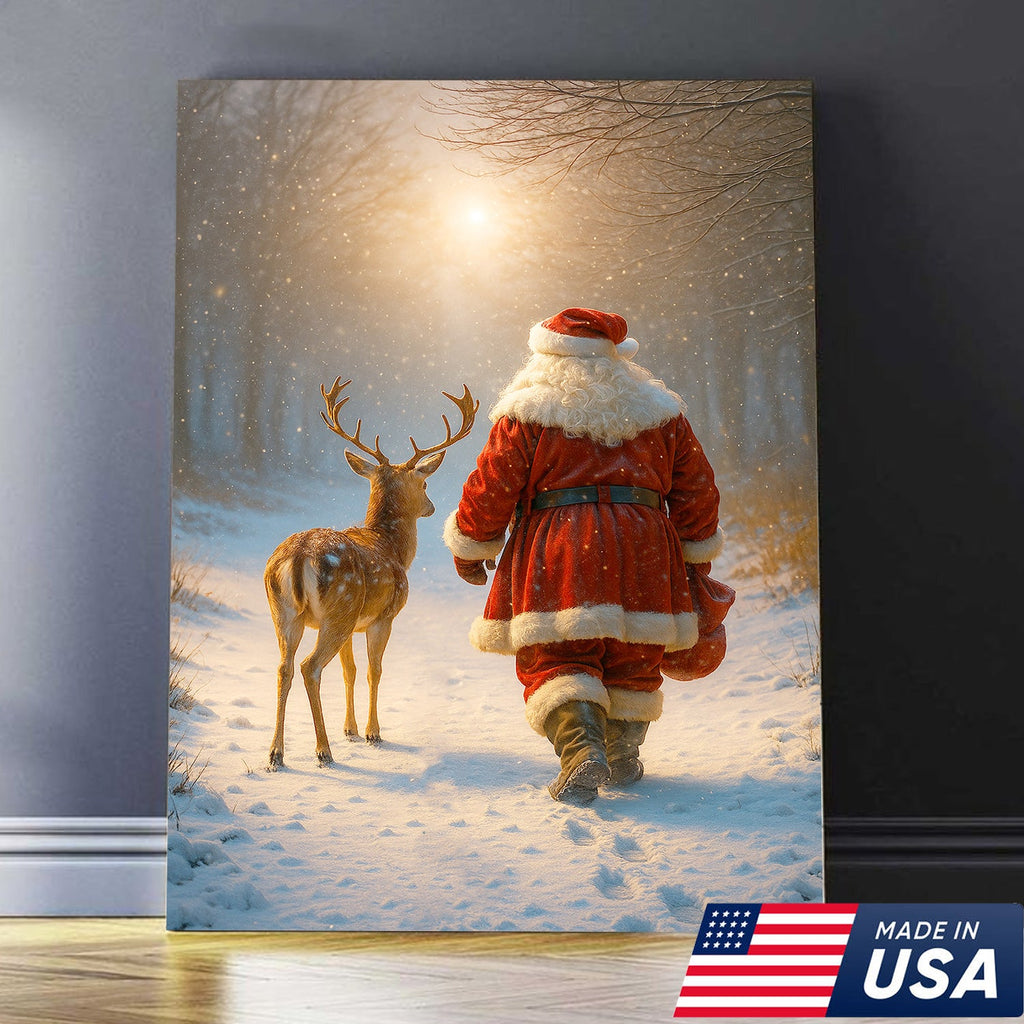 Santa and Deer Christmas Canvas Wall Art – Cozy Winter Forest Decor, Holiday Gifts for Home Lovers