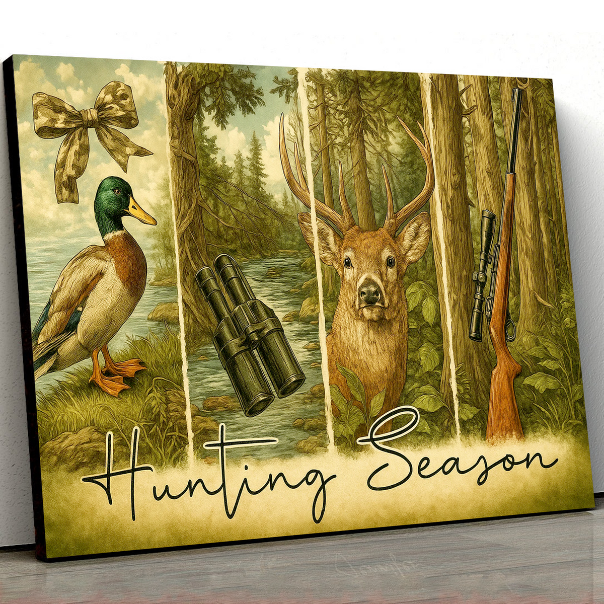 Hunting Season Canvas Wall Art, Deer and Duck Vintage Wildlife Scene