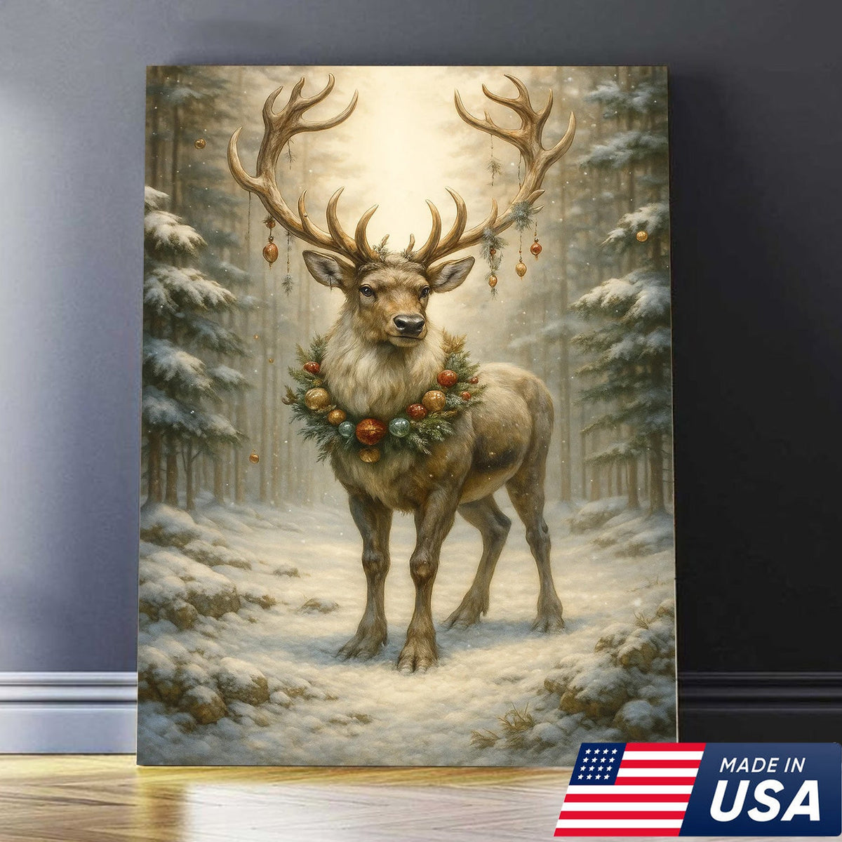 Christmas Reindeer Canvas Wall Art, Majestic Deer with Ornament Wreath in Snowy Forest