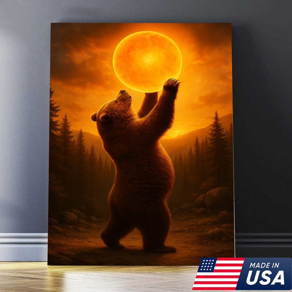 Bear Holding the Sun Canvas Art – Sunset Wilderness Wall Decor for Cabin & Home