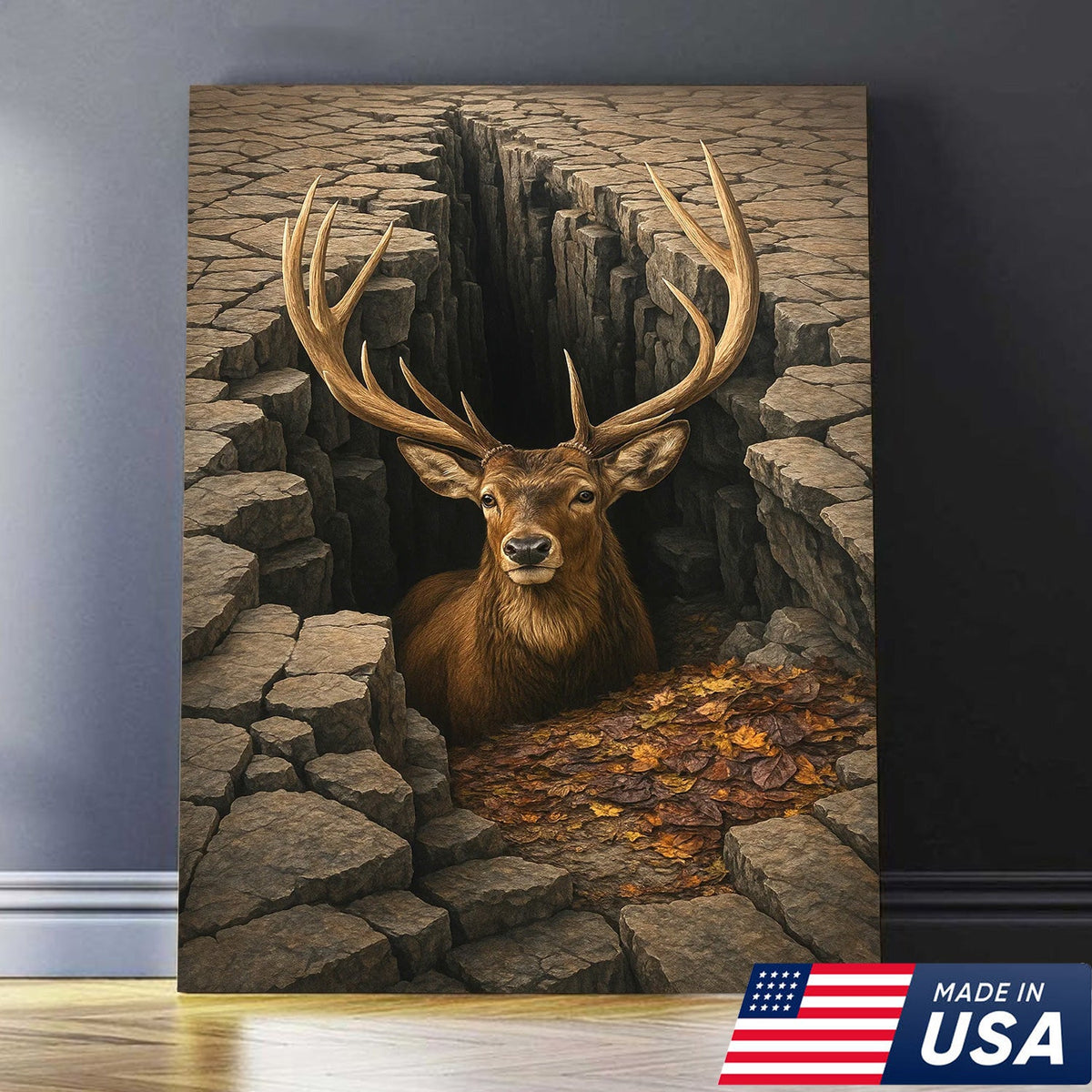 Epic Deer Canvas Art – Majestic Buck Emerging from Cracked Earth