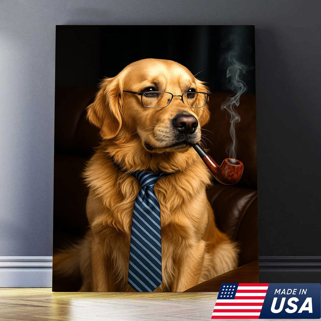 Gentleman Dog Canvas Art – Golden Retriever in Glasses & Tie with Pipe