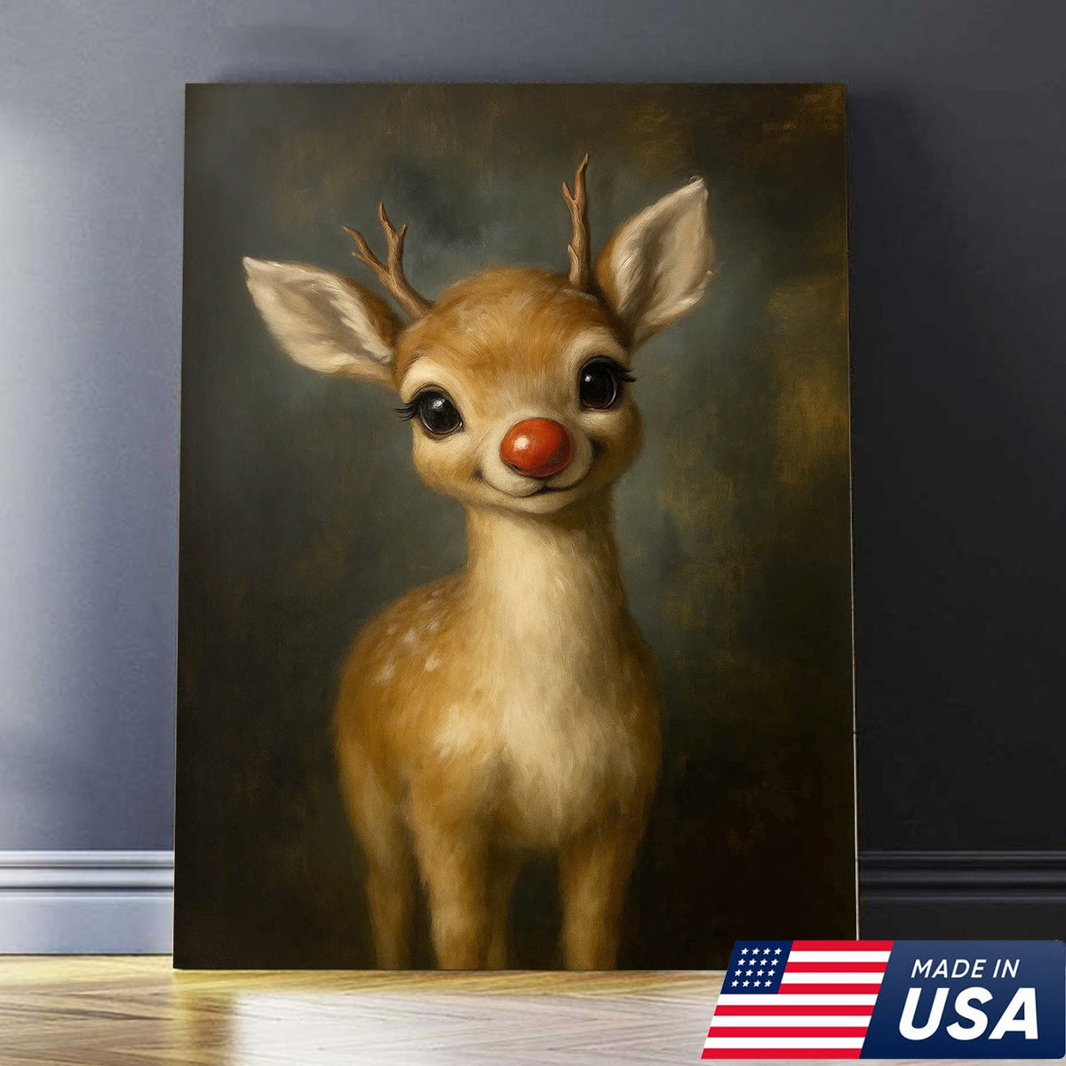 Cute Red Nose Baby Reindeer Canvas Wall Art, Christmas Deer Nursery Decor
