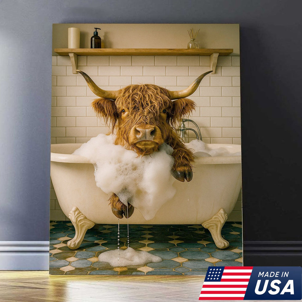 Highland Cow Bubble Bath Canvas Wall Art, Funny Farmhouse Bathroom Decor