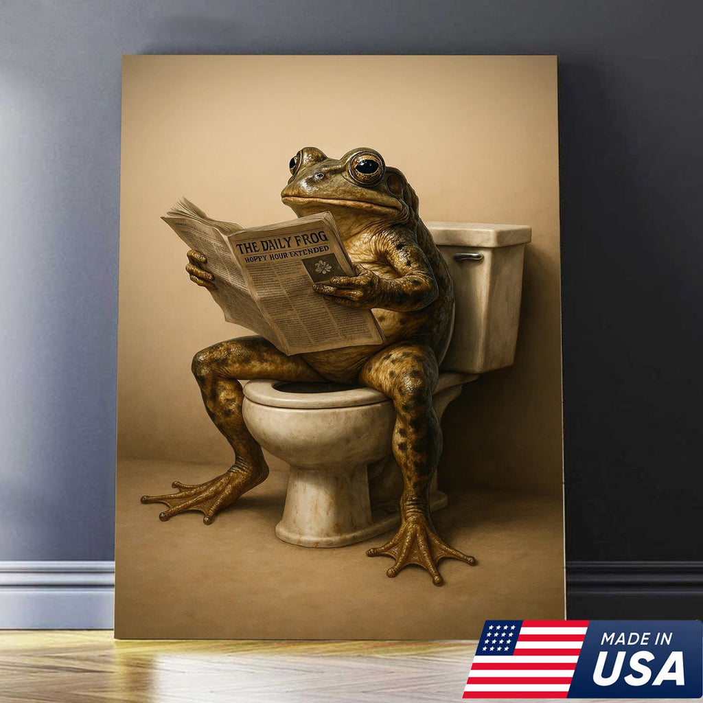 Funny Frog Bathroom Canvas Wall Art, Frog Reading Newspaper on Toilet
