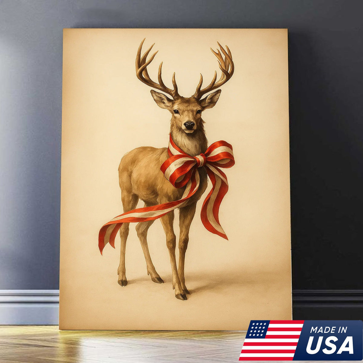 Farmhouse Christmas Deer Canvas Wall Art, Neutral Stag with Red Gift Bow Print