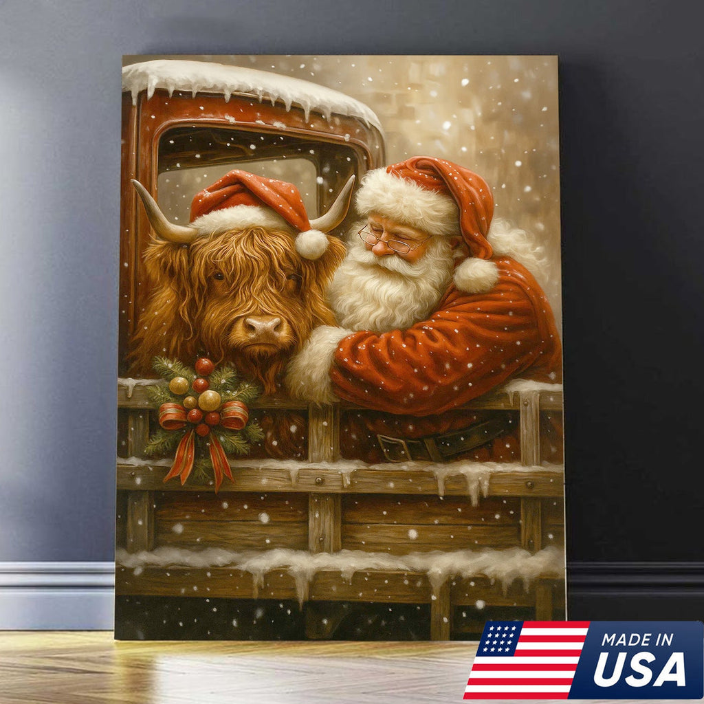 Santa and Highland Cow Christmas Canvas Wall Art, Rustic Farmhouse Holiday Truck Print