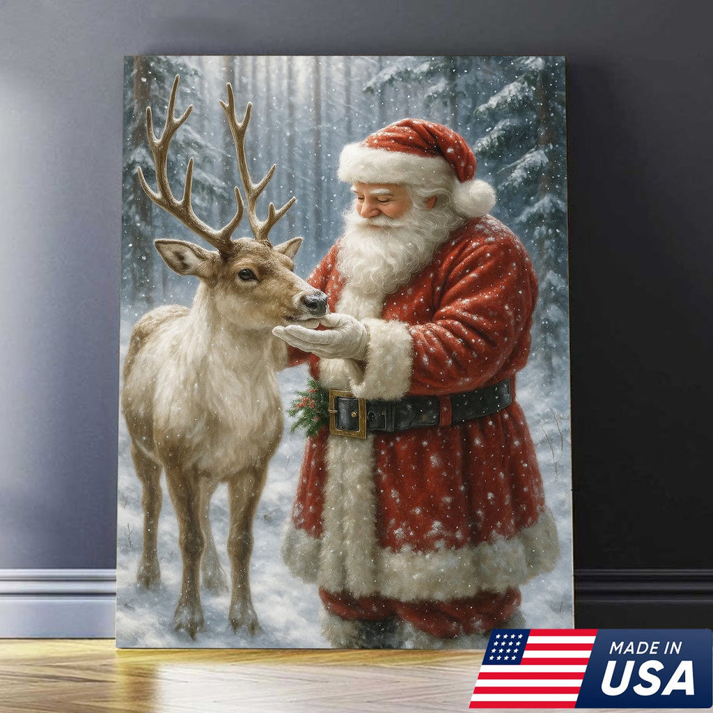 Santa and Reindeer Christmas Canvas Wall Art, Rustic Snowy Forest Holiday Print