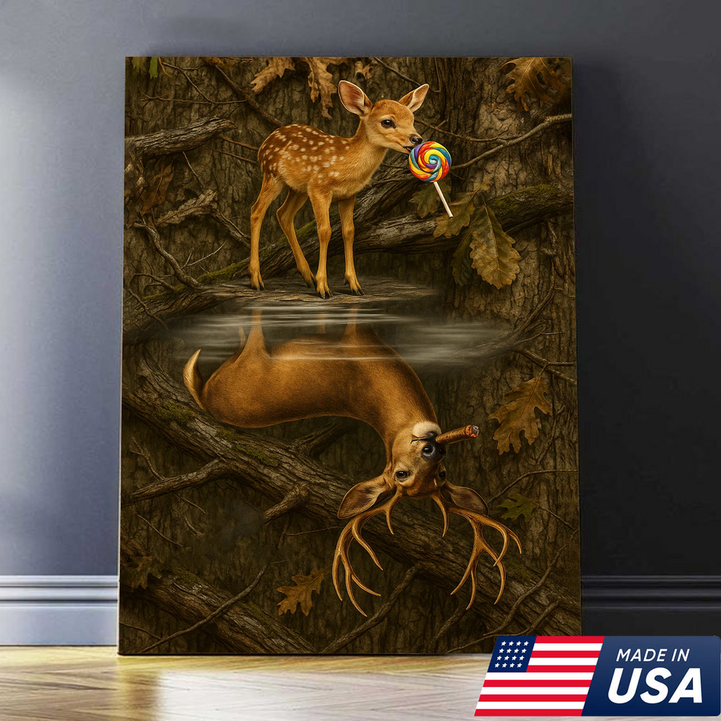 Whimsical Deer Reflection Canvas Art - Cute Fawn with Lollipop Forest Scene