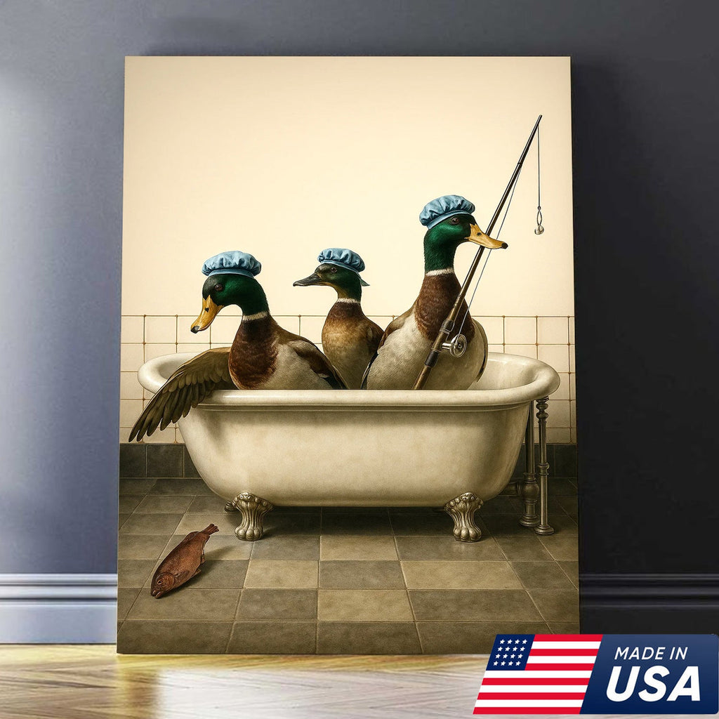 Fishing Ducks Canvas Art – Funny Trio of Ducks in Bathtub with Rod