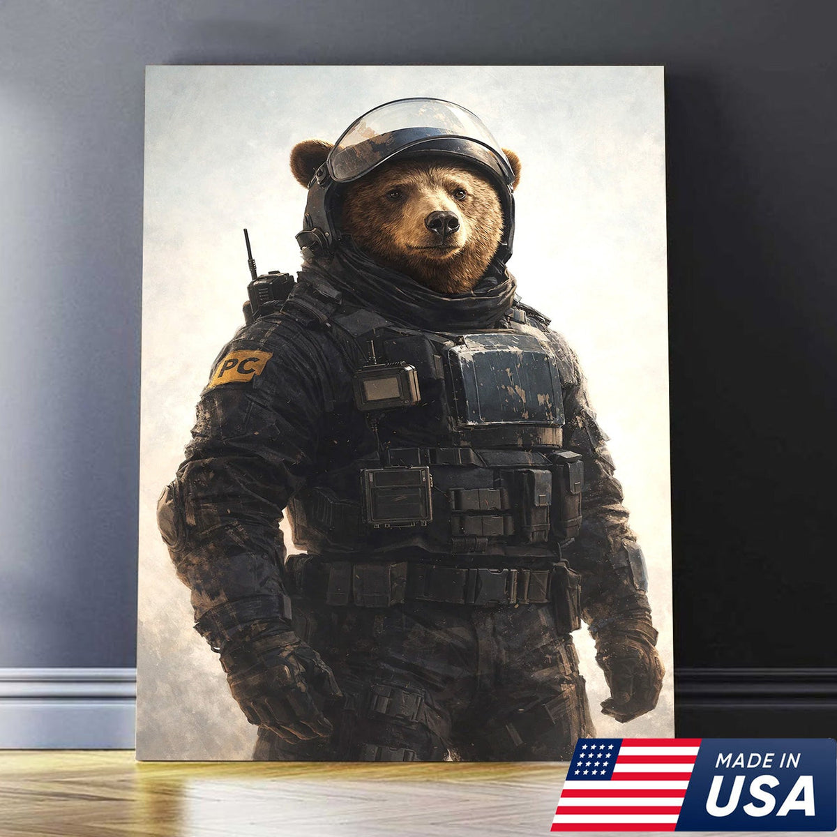 Tactical Bear Soldier Canvas Wall Art – Realistic Military Animal Print