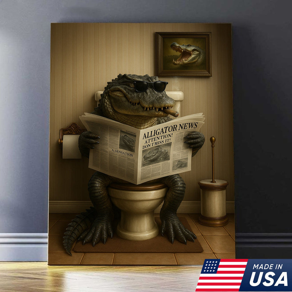 Funny Alligator Bathroom Smoking Canvas Wall Art – Unique Rustic Wildlife Lodge Decor & Gift Idea