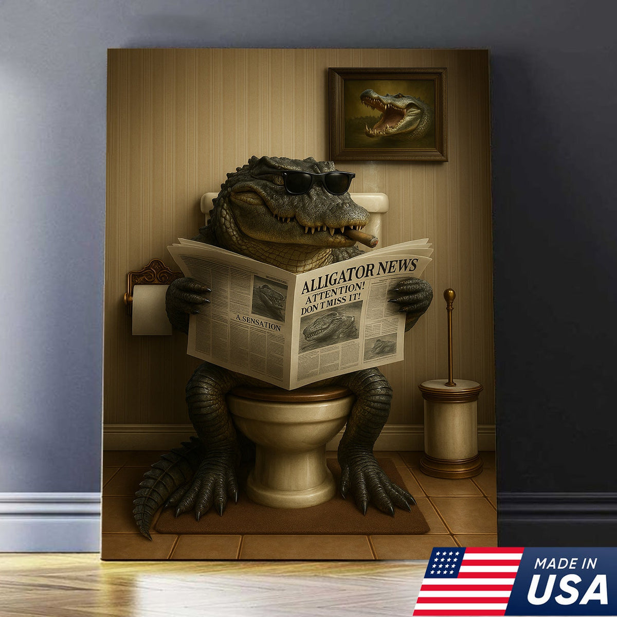 Funny Alligator Bathroom Smoking Canvas Wall Art – Unique Rustic Wildlife Lodge Decor & Gift Idea