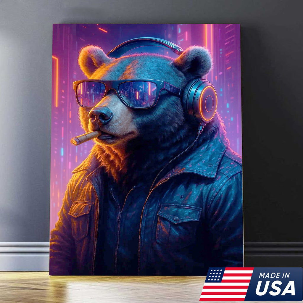 Cyberpunk Bear Wall Art Canvas, Cool DJ Bear with Headphones Neon City Decor