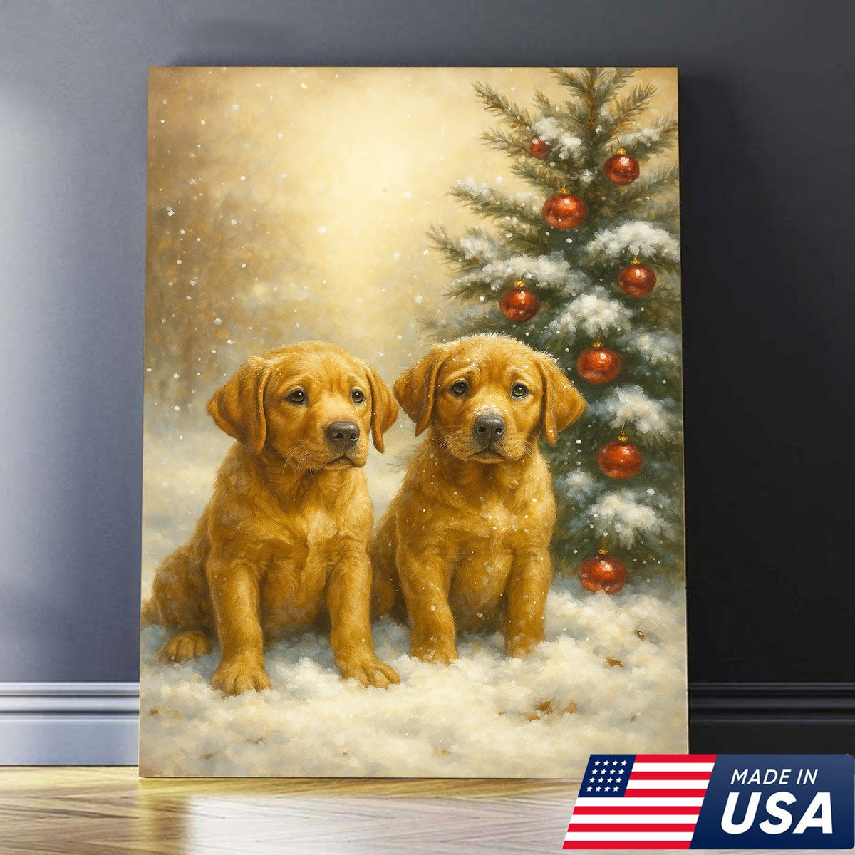 Christmas Golden Puppies Canvas Wall Art – Cute Labrador Dog Holiday Canvas Print