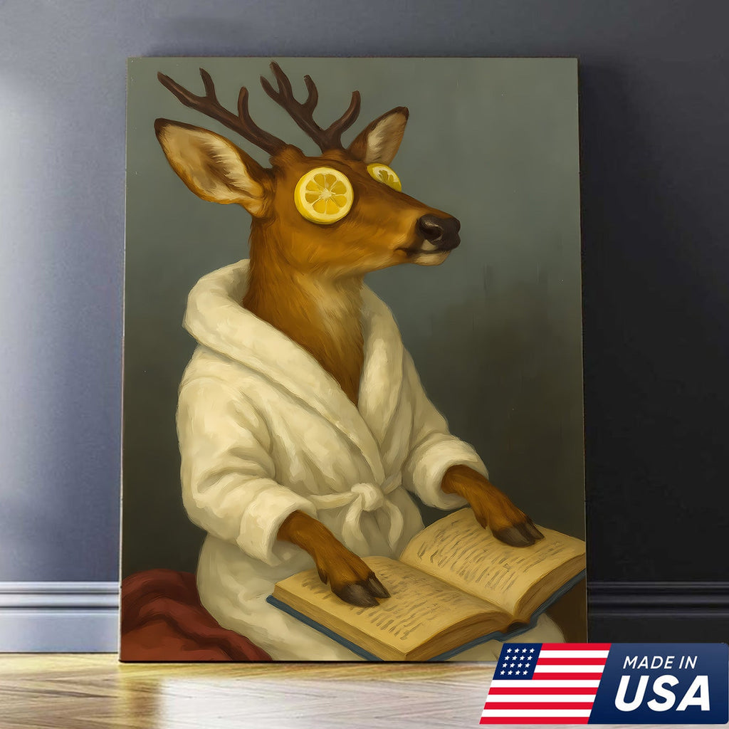 Funny Deer Spa Portrait Wall Art – Relaxing Deer With Lemon Eyes, Whimsical Animal Painting