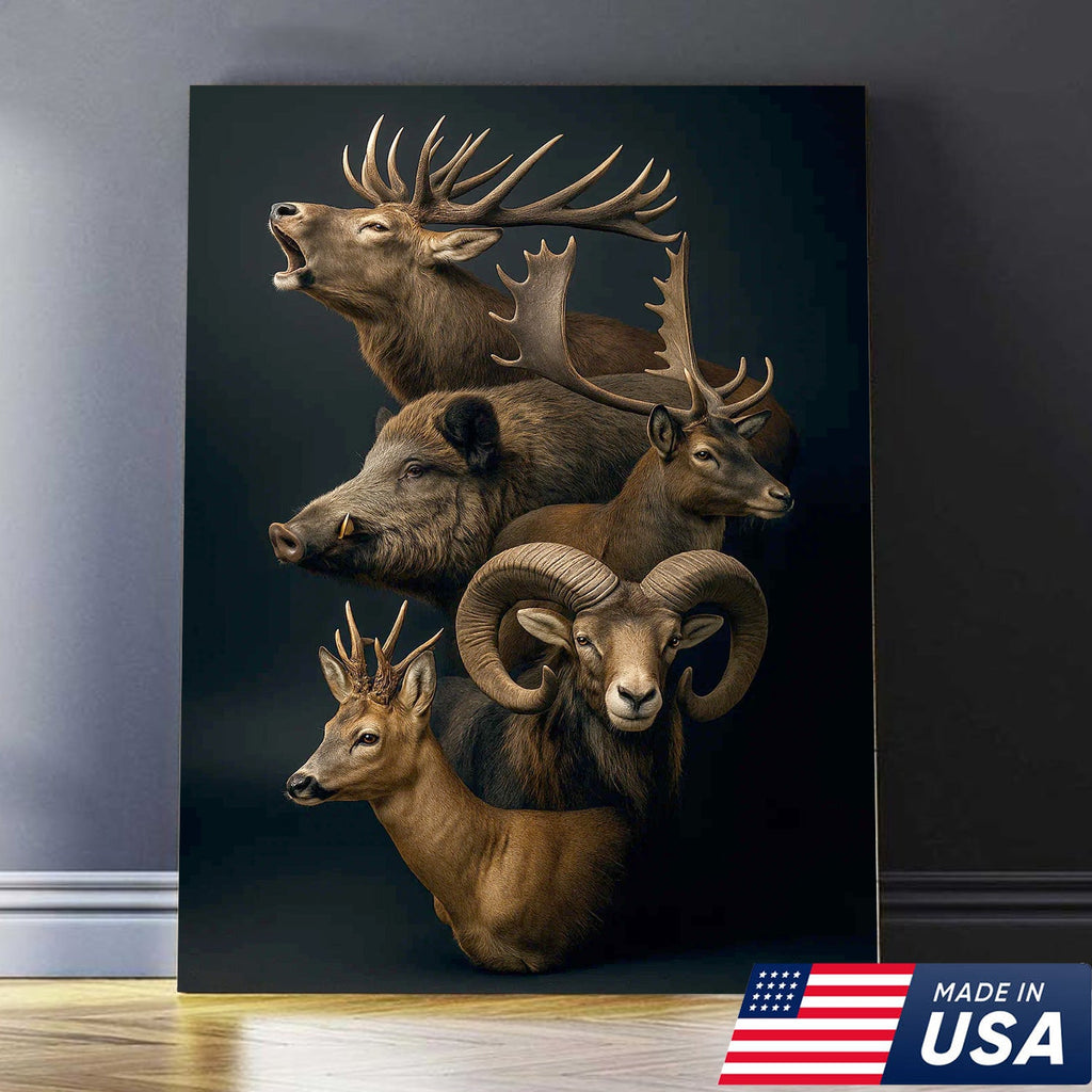 Wild Game Animal Canvas Wall Art, Deer Boar Ram Elk Artwork, Rustic Cabin Decor for Hunters