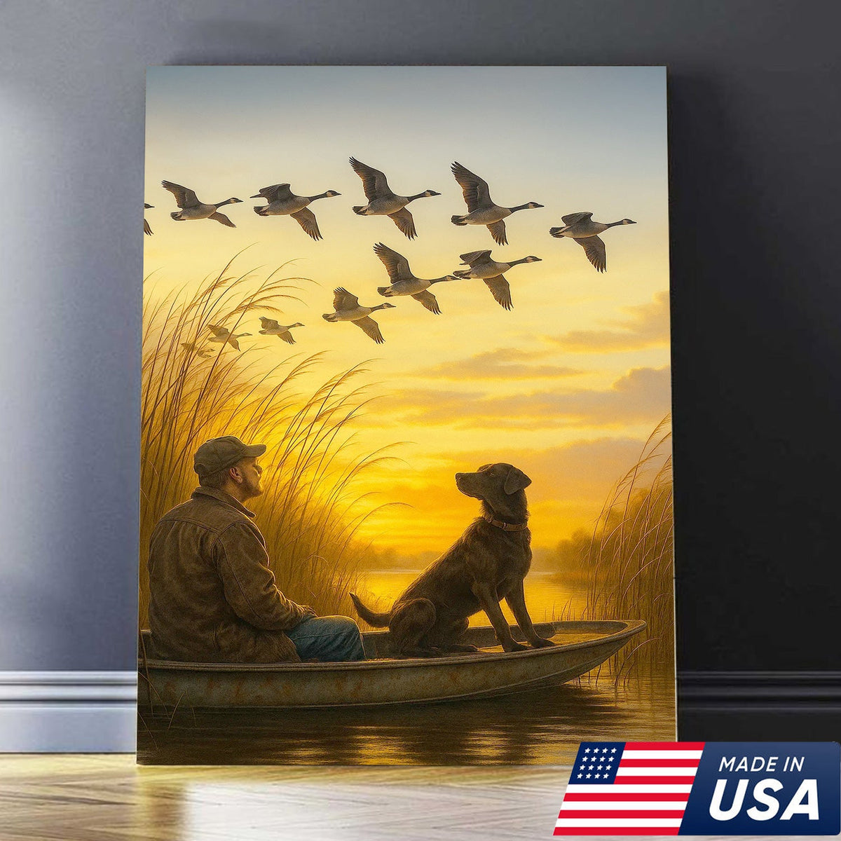 Waterfowl Hunting Wall Art – Duck Flock at Dawn, Hunter & Retriever In Boat, Rustic Decor